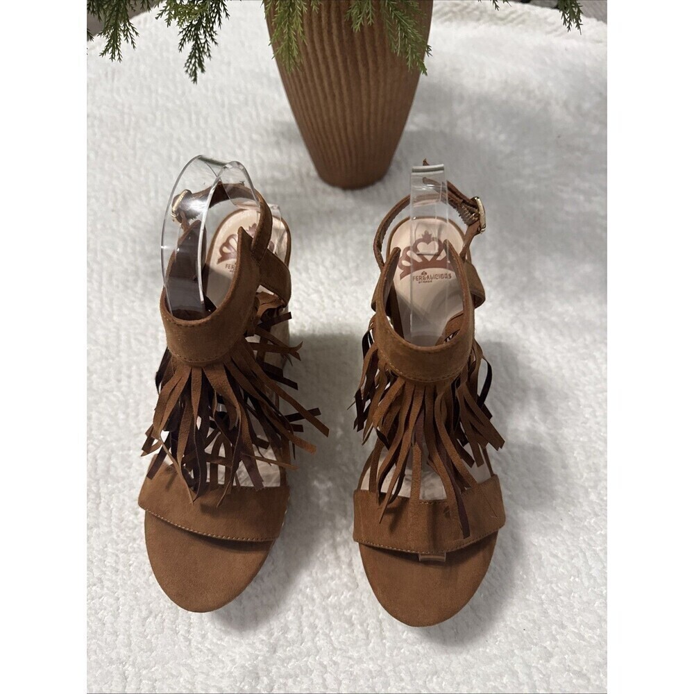 Fergalicious Brown Fringe Strappy Boho Cork Wedge Sz 8 M